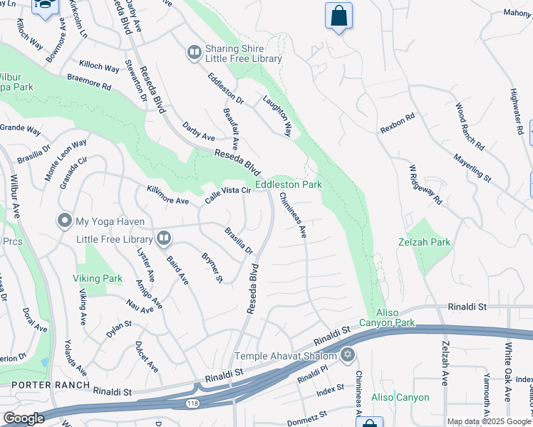 map of restaurants, bars, coffee shops, grocery stores, and more near 18508 Entrada Court in Los Angeles