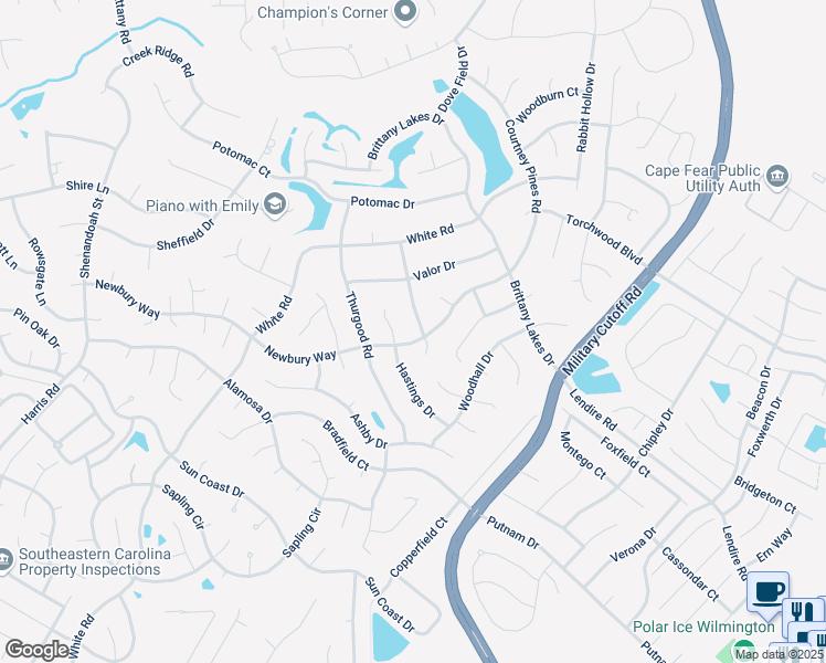 map of restaurants, bars, coffee shops, grocery stores, and more near 7432 Whitney Drive in Wilmington