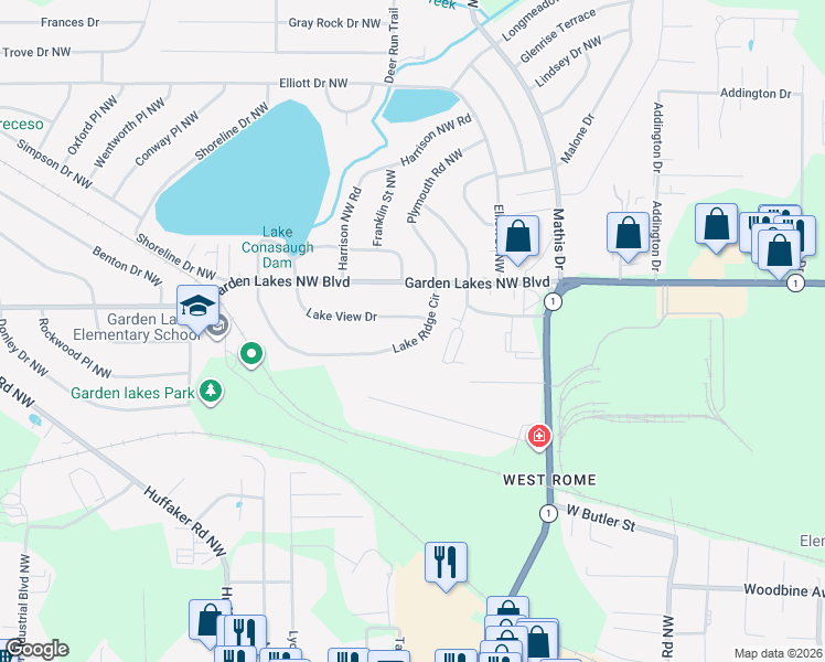 map of restaurants, bars, coffee shops, grocery stores, and more near 2604 Lakeridge Circle Northwest in Rome