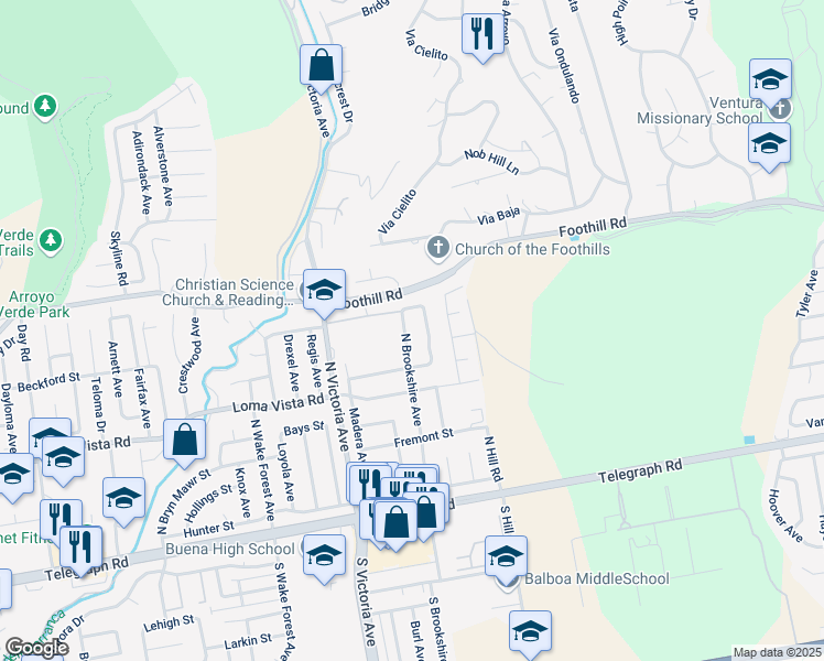 map of restaurants, bars, coffee shops, grocery stores, and more near 292 North Brookshire Avenue in Ventura