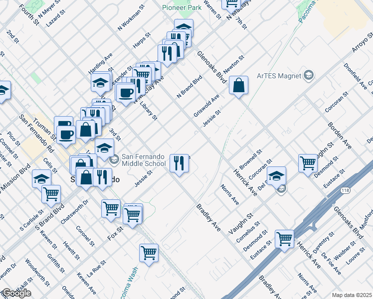map of restaurants, bars, coffee shops, grocery stores, and more near 459 Park Avenue in San Fernando