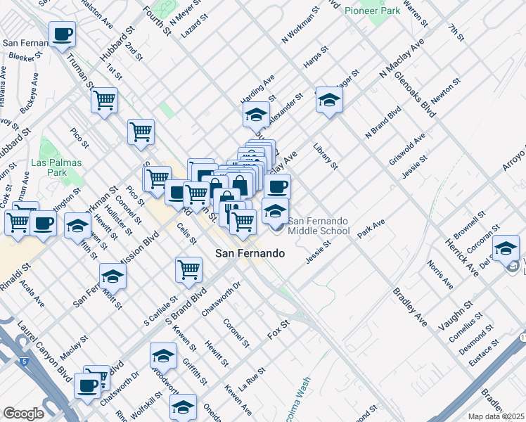 map of restaurants, bars, coffee shops, grocery stores, and more near 117 North Macneil Street in San Fernando