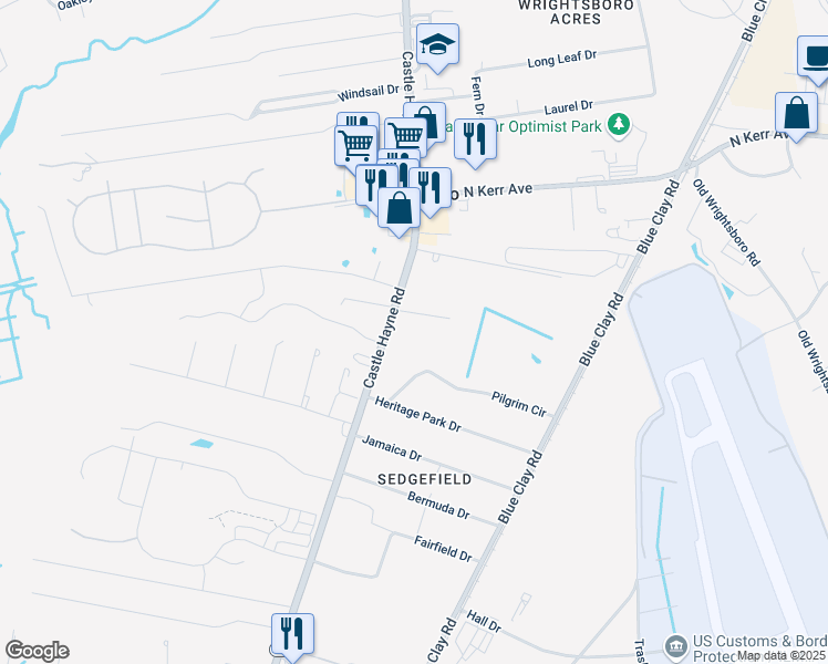 map of restaurants, bars, coffee shops, grocery stores, and more near 2400 Castle Hayne Road in Wilmington