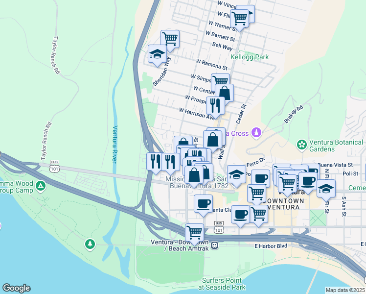 map of restaurants, bars, coffee shops, grocery stores, and more near 220 North Olive Street in Ventura