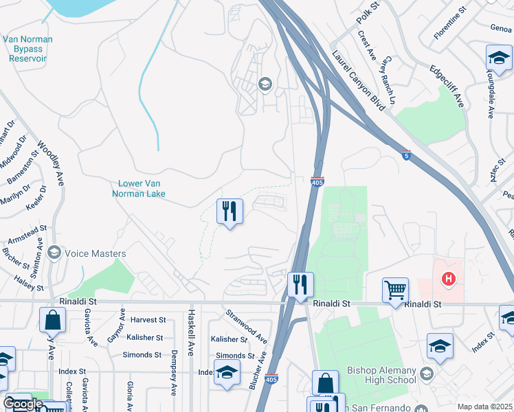 map of restaurants, bars, coffee shops, grocery stores, and more near 15637 Odyssey Drive in Los Angeles