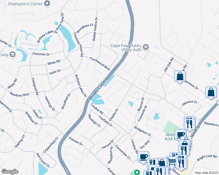 map of restaurants, bars, coffee shops, grocery stores, and more near Steele Loop in Wilmington