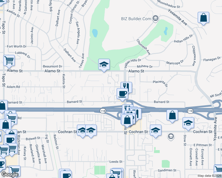 map of restaurants, bars, coffee shops, grocery stores, and more near 5116 Alta Street in Simi Valley