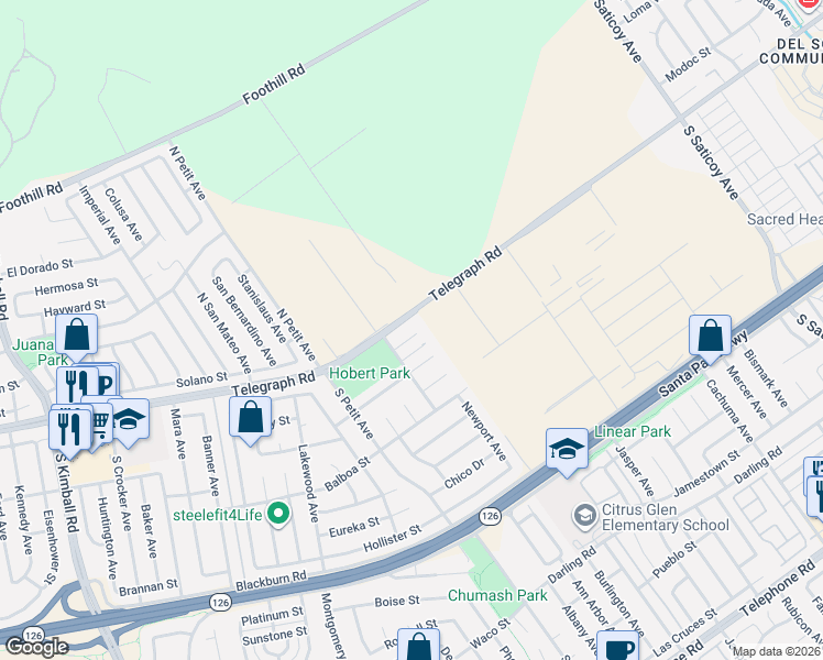 map of restaurants, bars, coffee shops, grocery stores, and more near 9580 Telegraph Road in Ventura