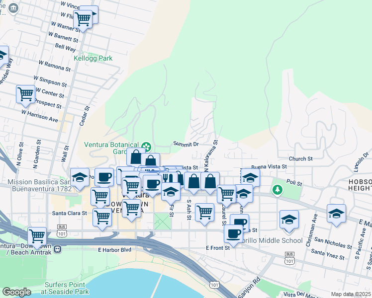 map of restaurants, bars, coffee shops, grocery stores, and more near 786 Summit Drive in Ventura