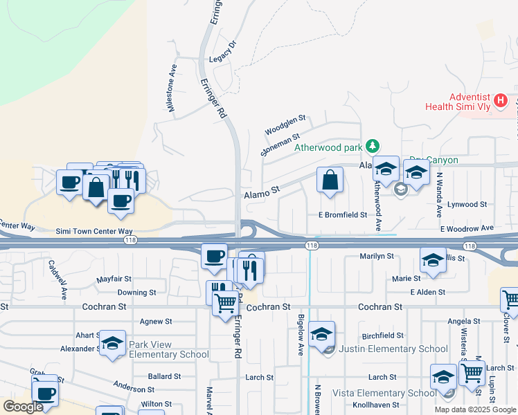 map of restaurants, bars, coffee shops, grocery stores, and more near 1967 Bardet Place in Simi Valley