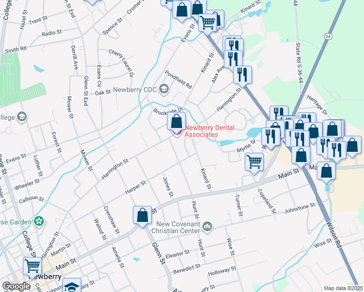 map of restaurants, bars, coffee shops, grocery stores, and more near 1306 Hunt Street in Newberry