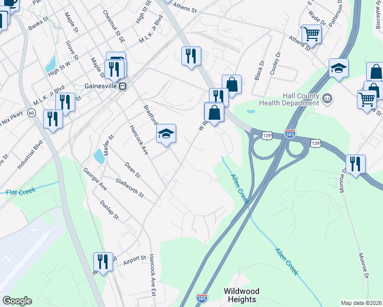 map of restaurants, bars, coffee shops, grocery stores, and more near 975 West Ridge Road in Gainesville