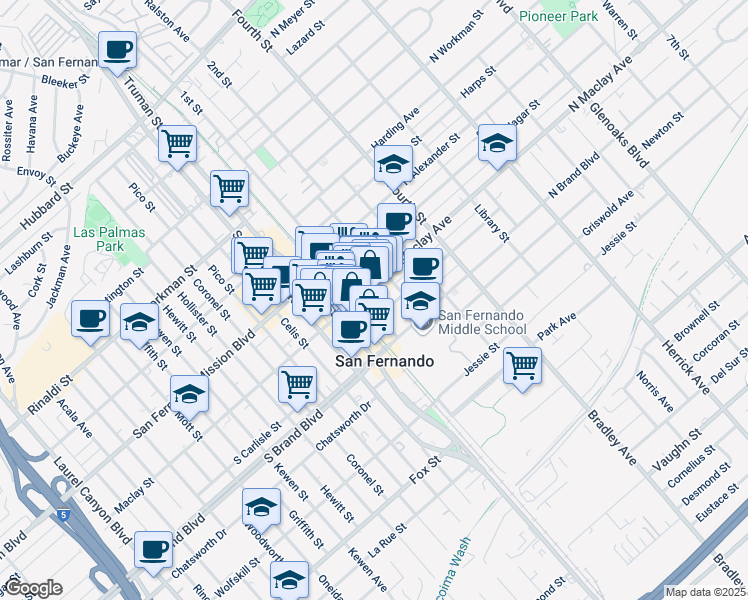 map of restaurants, bars, coffee shops, grocery stores, and more near 100 North Maclay Avenue in San Fernando