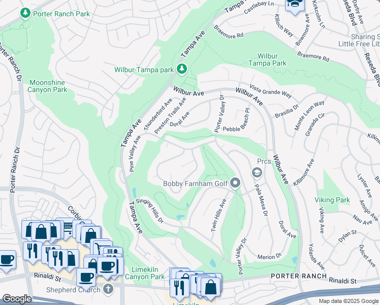 map of restaurants, bars, coffee shops, grocery stores, and more near 19404 Pine Valley Avenue in Los Angeles