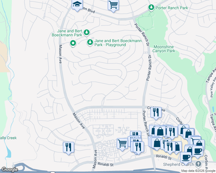map of restaurants, bars, coffee shops, grocery stores, and more near 20300 Windsor Lane in Los Angeles