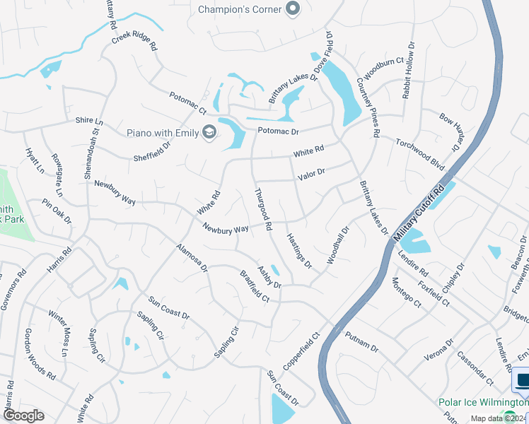 map of restaurants, bars, coffee shops, grocery stores, and more near 7205 Thurgood Road in Wilmington