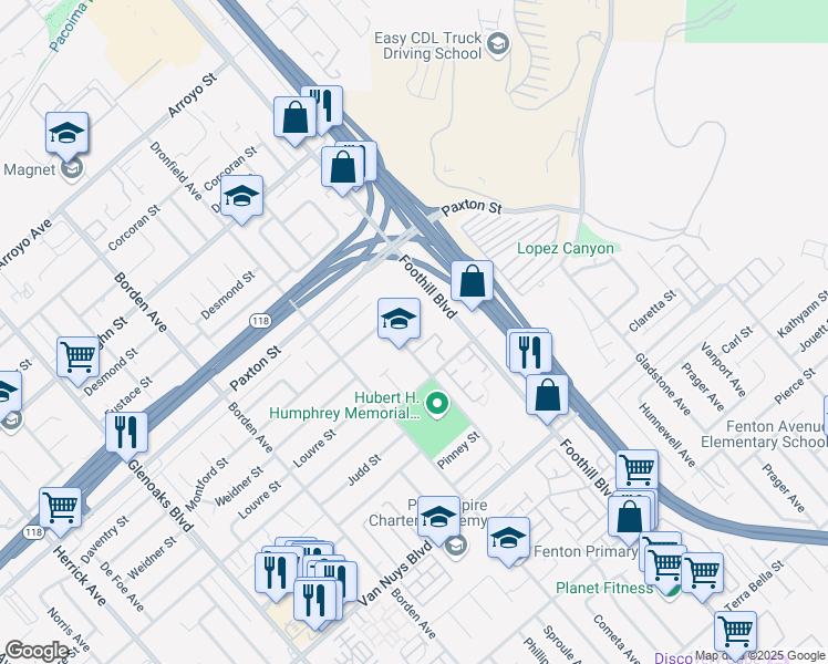 map of restaurants, bars, coffee shops, grocery stores, and more near 12416 Foothill Boulevard in Los Angeles