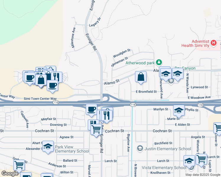 map of restaurants, bars, coffee shops, grocery stores, and more near 1967 Bardet Place in Simi Valley