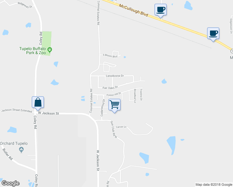 map of restaurants, bars, coffee shops, grocery stores, and more near 3384 Forest Hill Drive in Tupelo