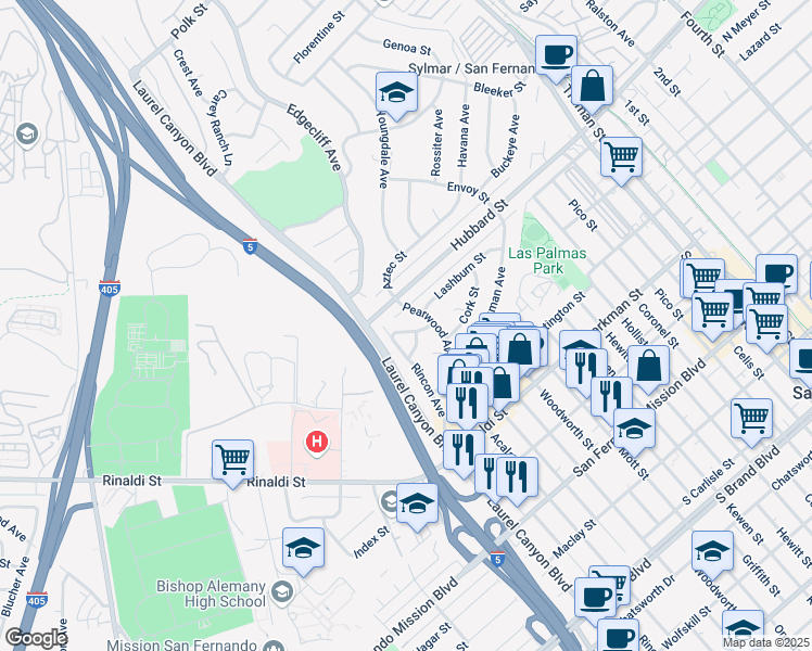 map of restaurants, bars, coffee shops, grocery stores, and more near 14825 Lashburn Street in Los Angeles