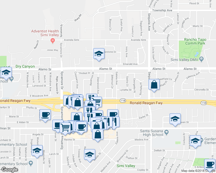 map of restaurants, bars, coffee shops, grocery stores, and more near 2669 Nutmeg Circle in Simi Valley