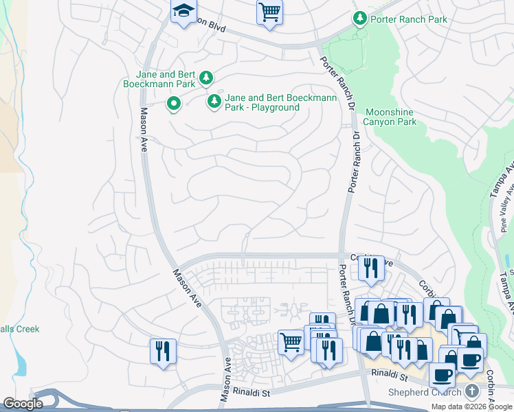 map of restaurants, bars, coffee shops, grocery stores, and more near 20300 West Windsor Lane in Los Angeles