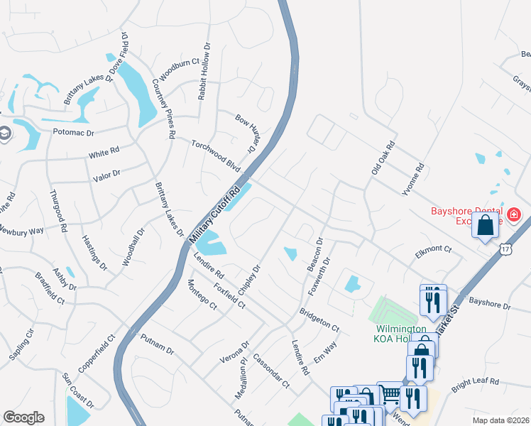 map of restaurants, bars, coffee shops, grocery stores, and more near 7445 Darius Drive in Wilmington