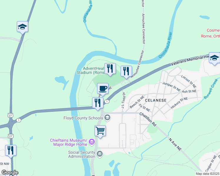 map of restaurants, bars, coffee shops, grocery stores, and more near Braves Boulevard Northeast in Rome