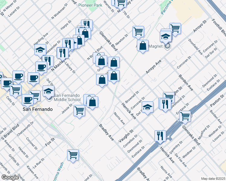 map of restaurants, bars, coffee shops, grocery stores, and more near 525 5th Street in San Fernando