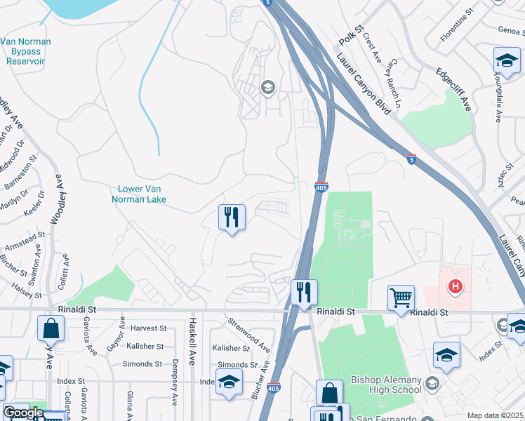 map of restaurants, bars, coffee shops, grocery stores, and more near 15601 Odyssey Drive in Los Angeles
