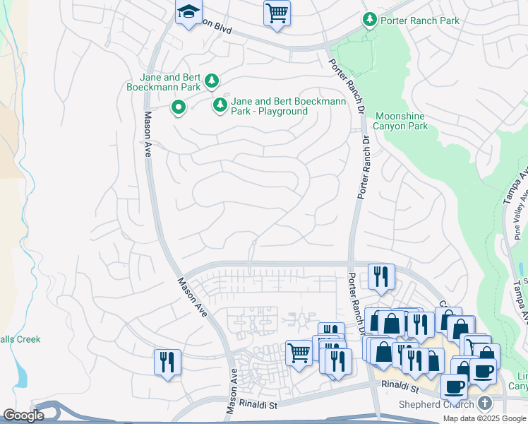 map of restaurants, bars, coffee shops, grocery stores, and more near 20264 West Windsor Lane in Los Angeles