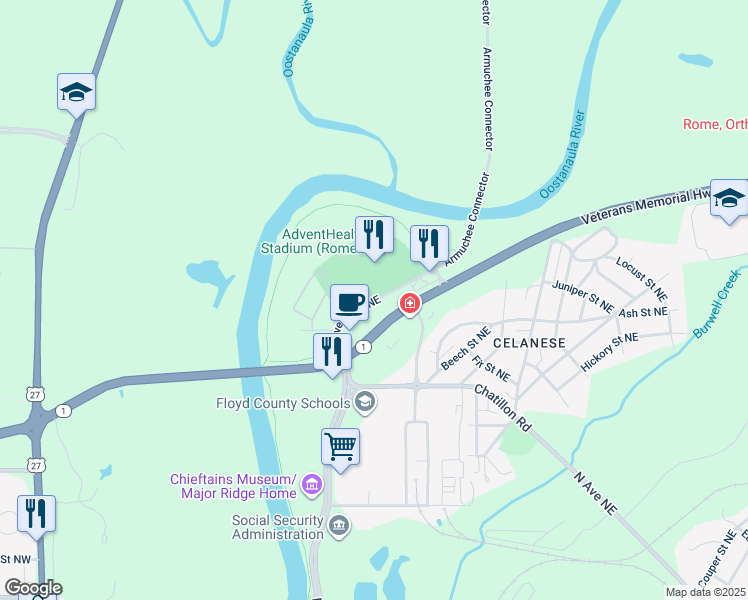 map of restaurants, bars, coffee shops, grocery stores, and more near Braves Boulevard Northeast in Rome