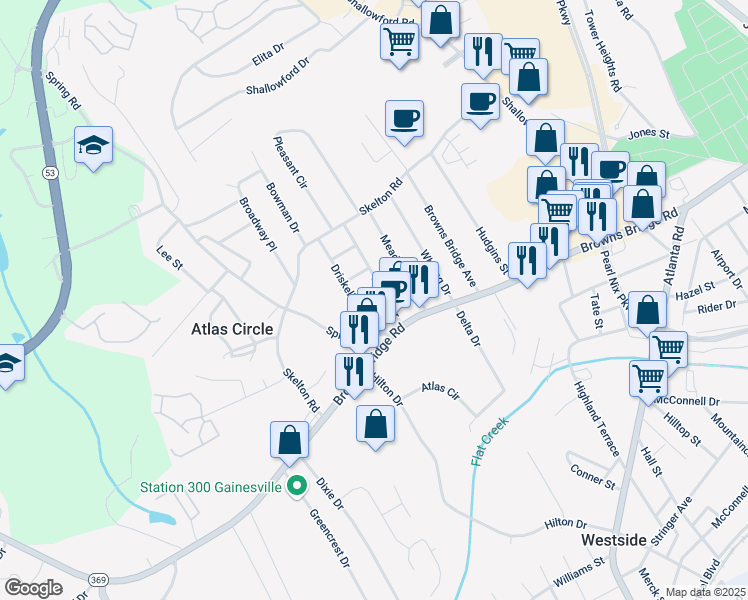 map of restaurants, bars, coffee shops, grocery stores, and more near 1906 Glaner St in Gainesville
