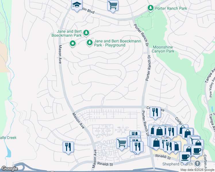 map of restaurants, bars, coffee shops, grocery stores, and more near 20300 West Windsor Lane in Los Angeles