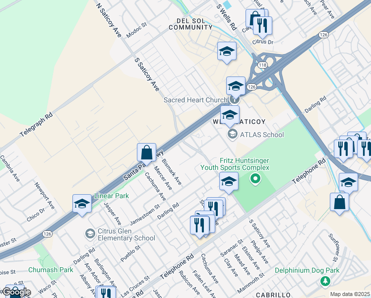 map of restaurants, bars, coffee shops, grocery stores, and more near 632 Boston Avenue in Ventura