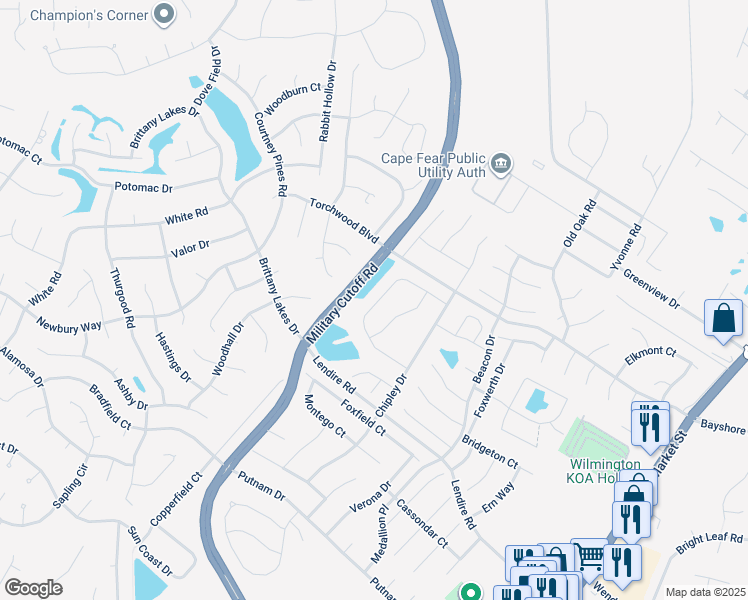 map of restaurants, bars, coffee shops, grocery stores, and more near Steele Loop in Wilmington