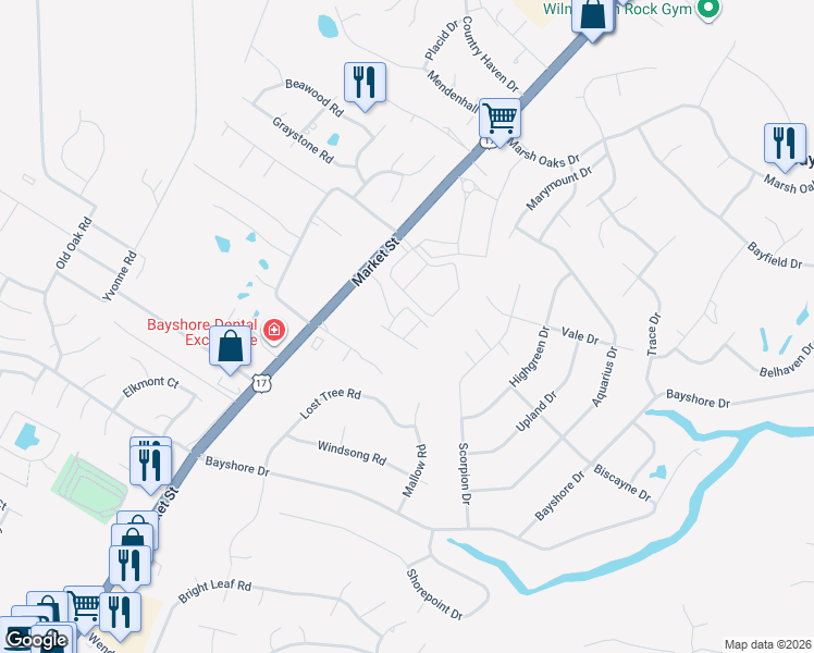 map of restaurants, bars, coffee shops, grocery stores, and more near 136 Amaryllis Drive in Wilmington
