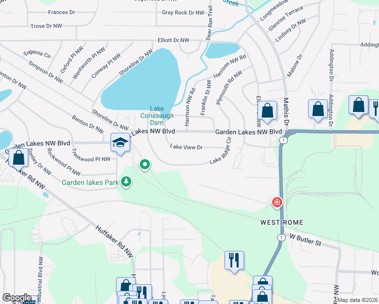 map of restaurants, bars, coffee shops, grocery stores, and more near 2615 Lake View Drive in Rome