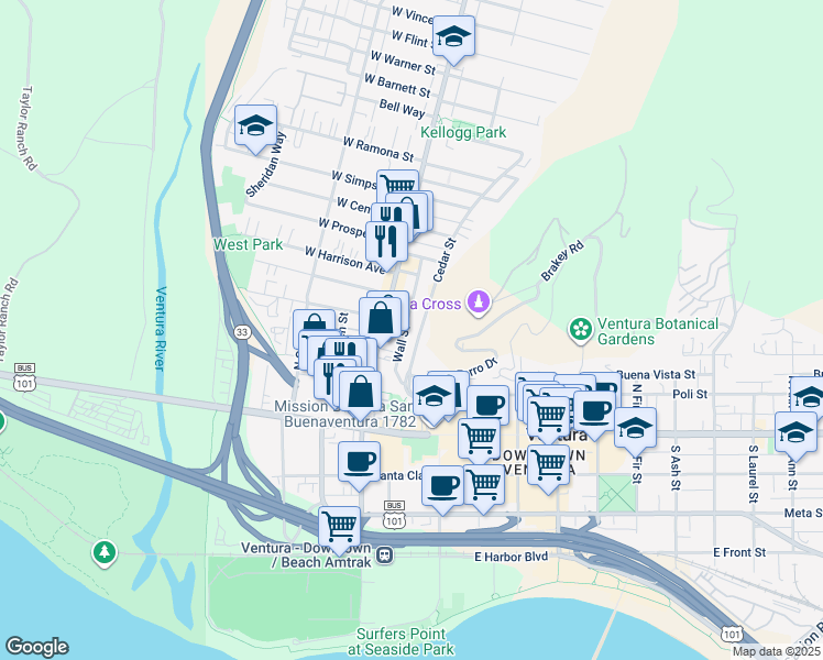 map of restaurants, bars, coffee shops, grocery stores, and more near in Ventura
