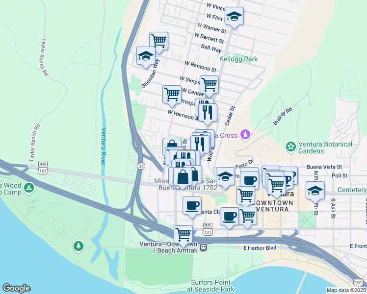 map of restaurants, bars, coffee shops, grocery stores, and more near 251 North Ventura Avenue in Ventura