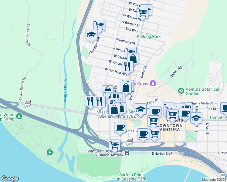 map of restaurants, bars, coffee shops, grocery stores, and more near 220 North Olive Street in Ventura