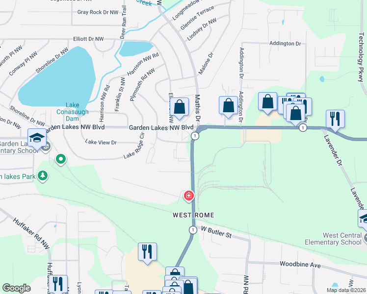 map of restaurants, bars, coffee shops, grocery stores, and more near 2200 Redmond Circle in Rome