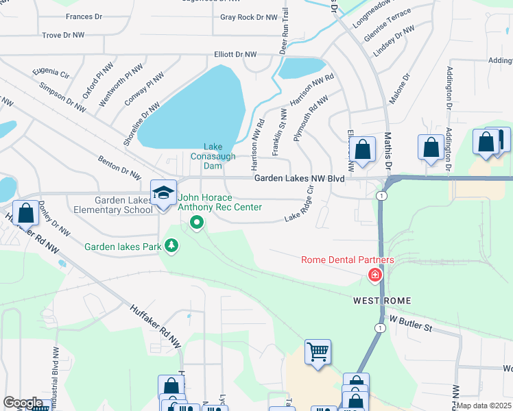 map of restaurants, bars, coffee shops, grocery stores, and more near 2619 Lake View Drive in Rome