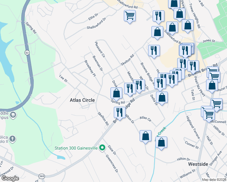 map of restaurants, bars, coffee shops, grocery stores, and more near 2042 Spring Road in Gainesville