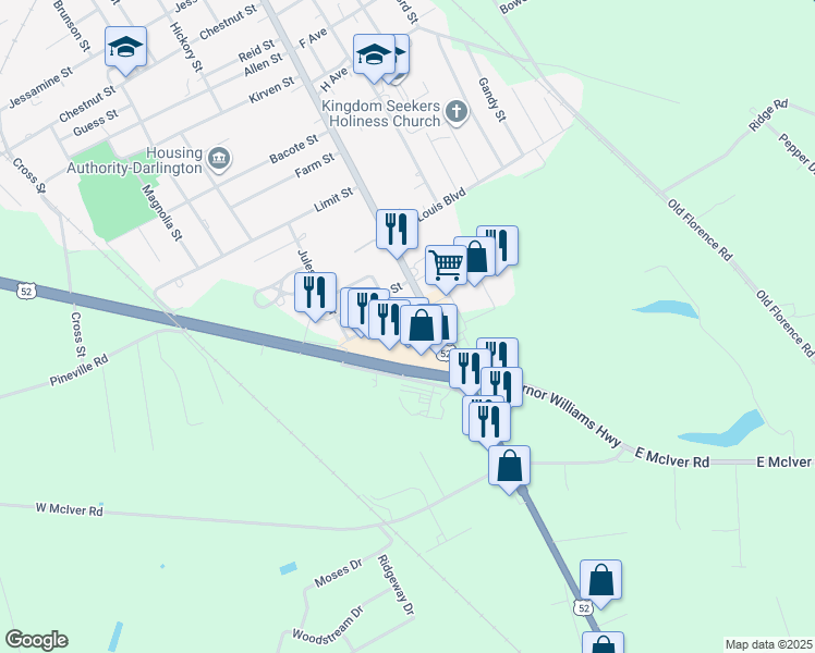 map of restaurants, bars, coffee shops, grocery stores, and more near 110 Express Lane in Darlington