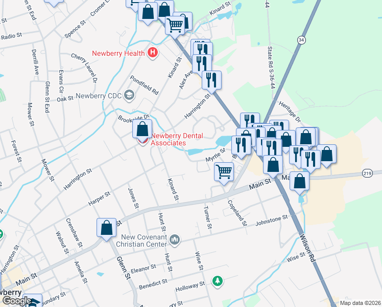 map of restaurants, bars, coffee shops, grocery stores, and more near 2601 Myrtle Street in Newberry