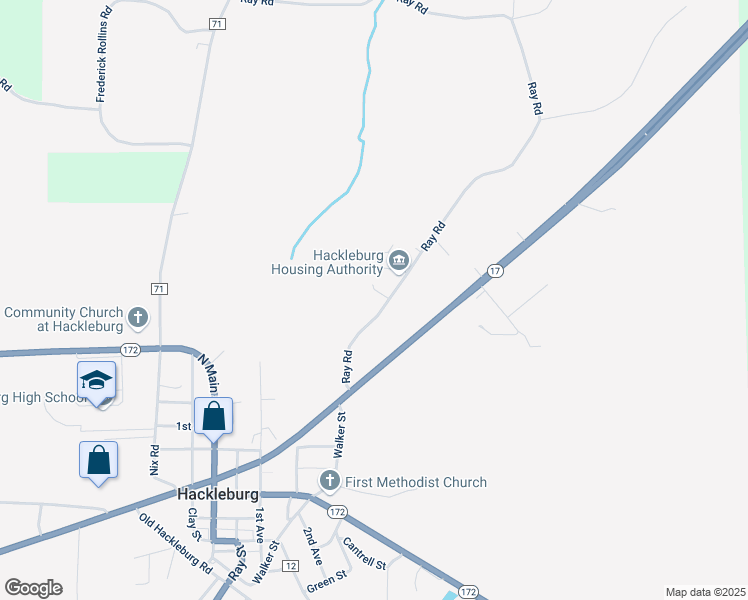 map of restaurants, bars, coffee shops, grocery stores, and more near 303 Ray Road in Hackleburg