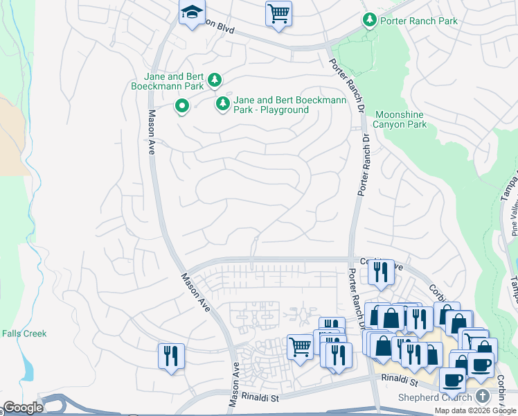map of restaurants, bars, coffee shops, grocery stores, and more near 20264 West Windsor Lane in Los Angeles