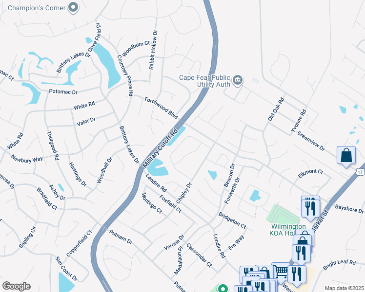 map of restaurants, bars, coffee shops, grocery stores, and more near 590 Steele Loop in Wilmington