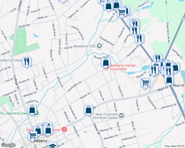 map of restaurants, bars, coffee shops, grocery stores, and more near 2204 Harrington Street in Newberry